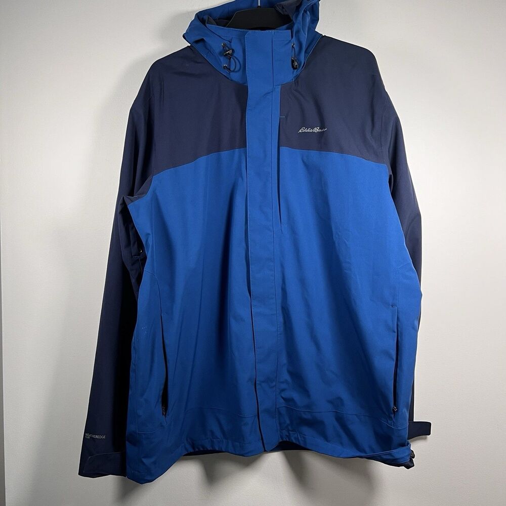 Eddie Bauer Mens Jacket Blue Black Hood Collar Zip Snaps Pockets Logo Sz T2XL